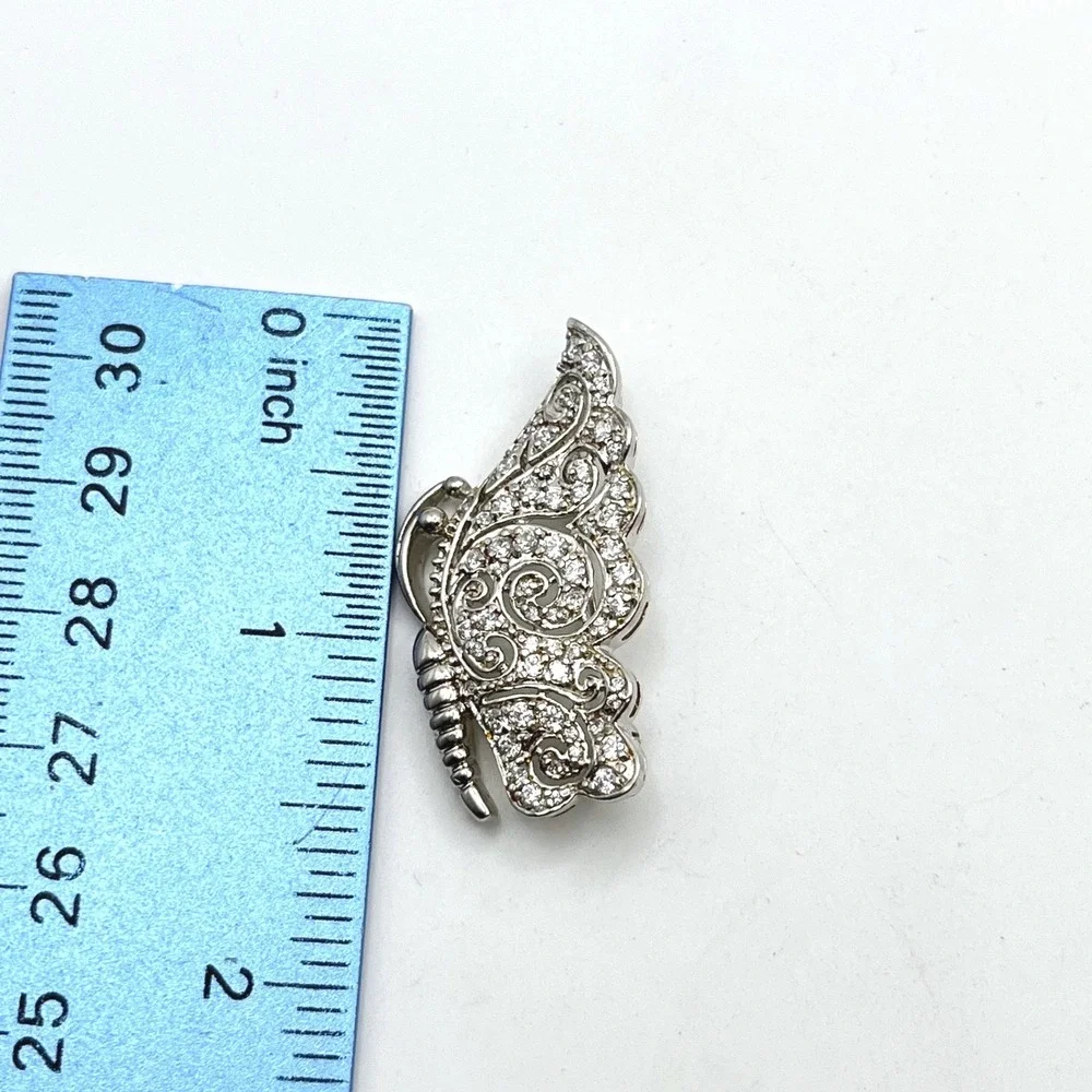 925 Sterling Silver Cubic Zirconia Butterfly Wing Brooch Pin Filigree Scroll